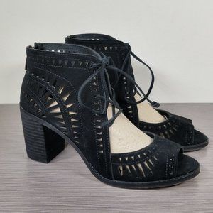 Vince Camuto Tarita Cutout Lace-Up Sandal, Black Suede, Womens Size 7 M / 37